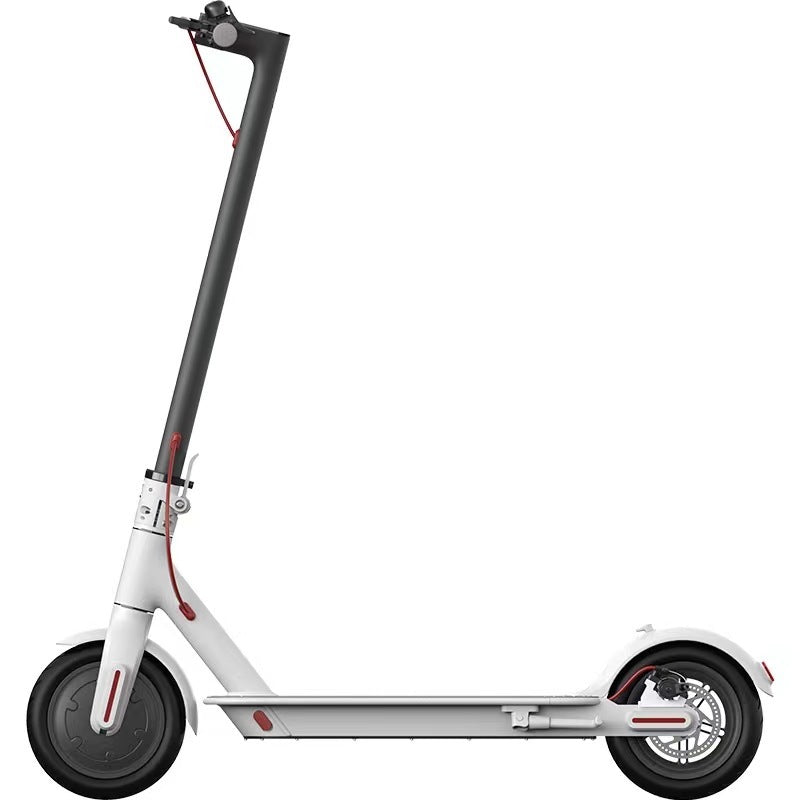 Side view of white Foldable Electric Scooter with disc brakes and LED headlight, built for lightweight, portable urban transportation.