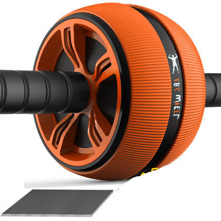 Orange abdominal fitness roller with dual-wheel design and included knee pad for effective home ab workouts.