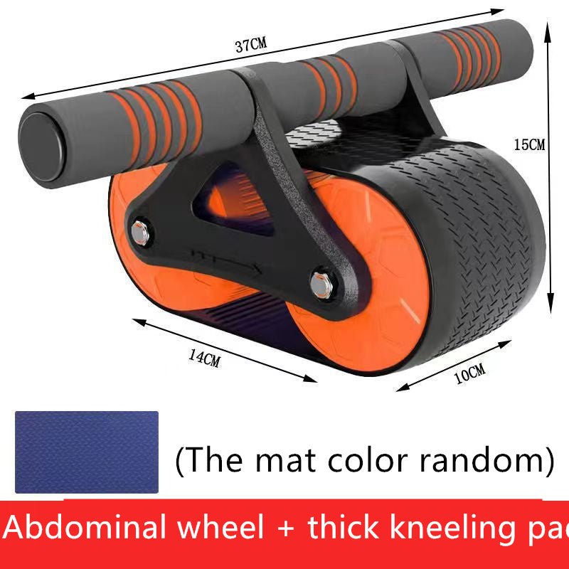 Orange Automatic Rebound Ab Wheel Roller Waist Trainer Gym with size specifications and a thick kneeling mat included.