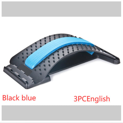 Lumbar Tractor Therapy - Back Pain Relief device in black with blue support, featuring magnetic points and plastic pins for massage and spinal support.