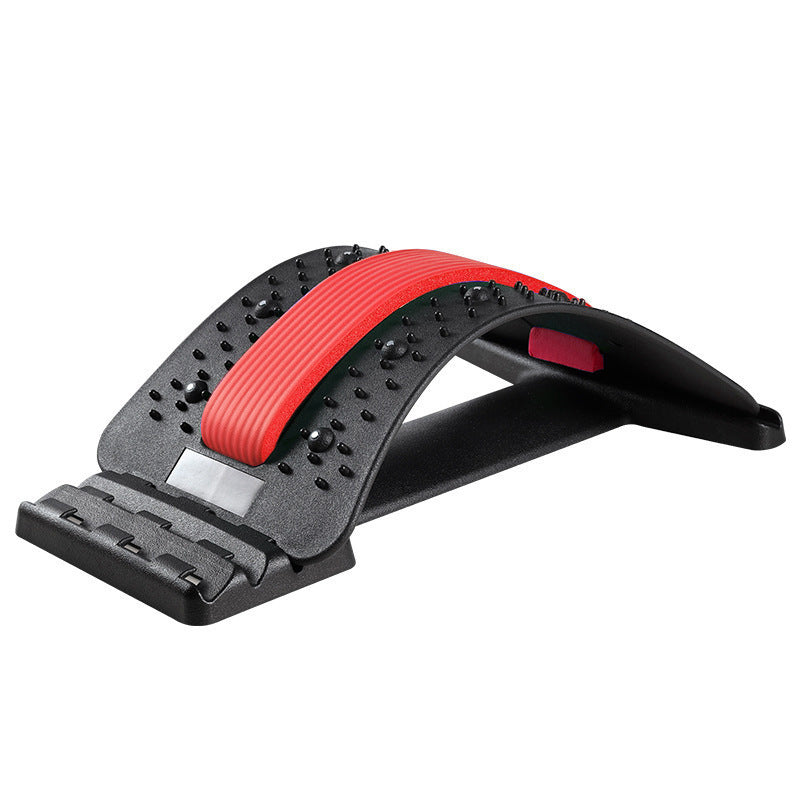Lumbar Tractor Therapy device with red adjustable arch and magnetic massage points for back pain relief and spinal support.