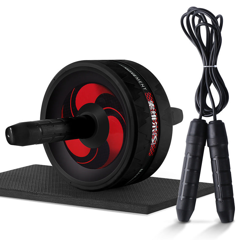 Red and black Fitness Master Ab Roller Trainer set with jump rope and mat. High-performance gym equipment for ab and upper body workouts.