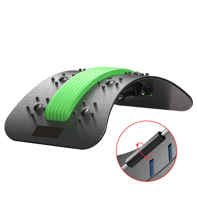 Lumbar Tractor Therapy back stretcher with green adjustable arch, 10 magnetic points, and 96 massage pins for back pain relief and spinal support.