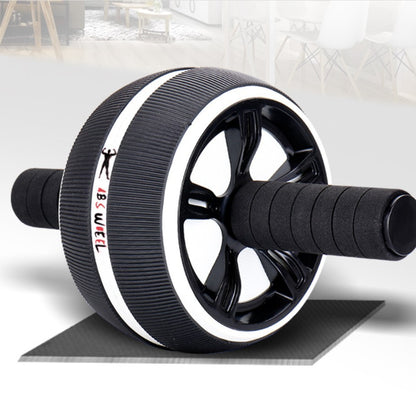 Black and white abdominal wheel with ergonomic handles and anti-slip mat, perfect for home abdominal workouts.