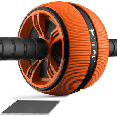 Orange abdominal wheel fitness roller with ergonomic handles and non-slip TPR surface for core training at home.