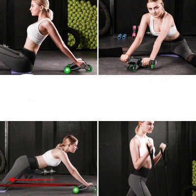 Woman demonstrating exercises using Foldable Abdominal Muscle Wheel Roller, showcasing its versatility for core, arm, and resistance training.