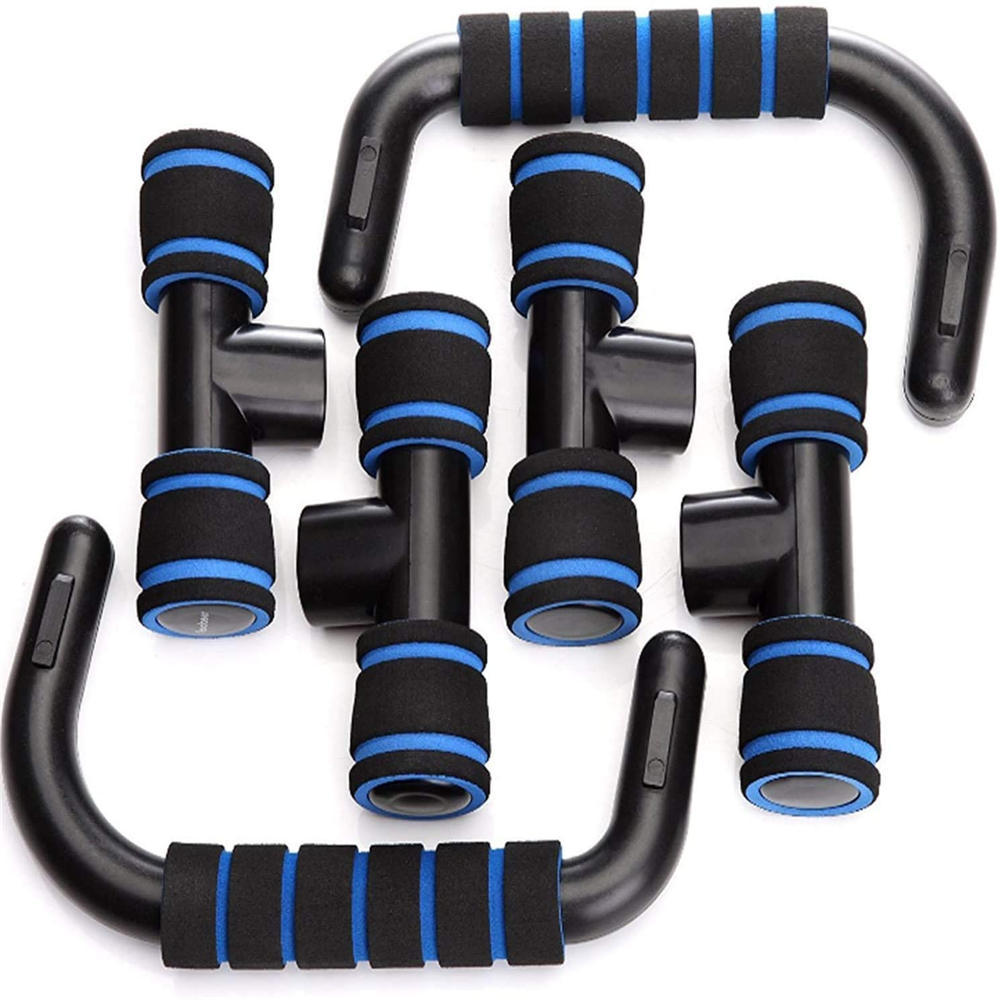 Disassembled Fitness Push-up Bar Push-Ups Stands Gym Bars Indoor Fitness showing black bars with blue foam padding for easy storage and portability.