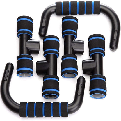 Disassembled Fitness Push-up Bar Push-Ups Stands Gym Bars Indoor Fitness showing black bars with blue foam padding for easy storage and portability.