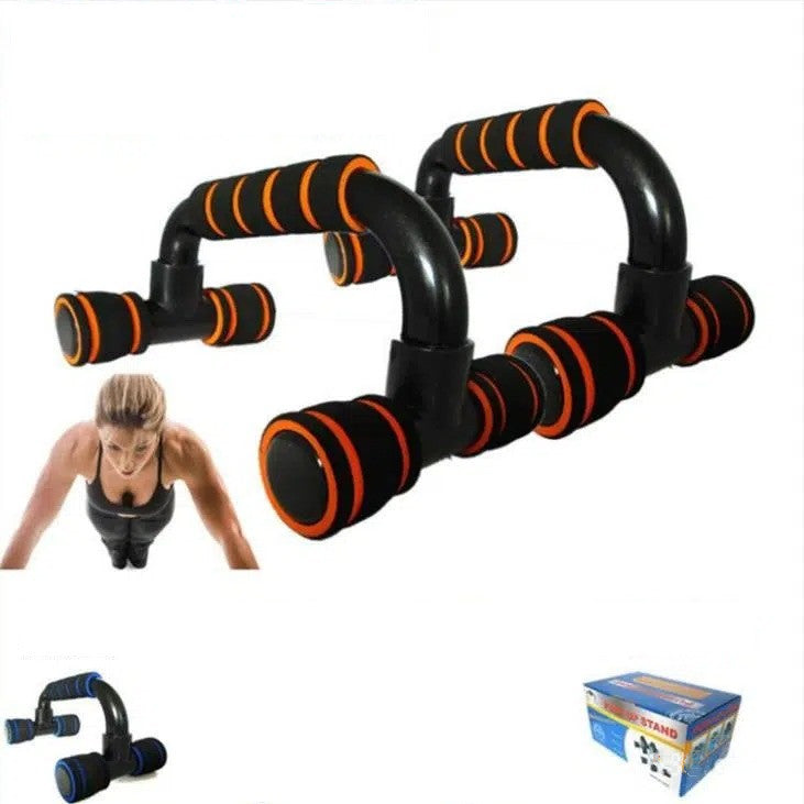 Black and orange Fitness Push-up Bar Push-Ups Stands Gym Bars Indoor Fitness with foam grips shown with packaging and workout demonstration.