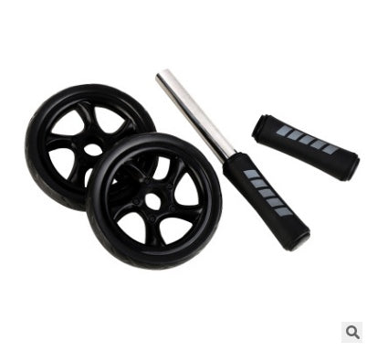 Disassembled Fitness Master Ab Roller Trainer showing two wheels, steel rod, and grip handles. Easy to assemble gym equipment for ab training.