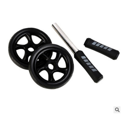 Disassembled Fitness Master Ab Roller Trainer showing two wheels, steel rod, and grip handles. Easy to assemble gym equipment for ab training.
