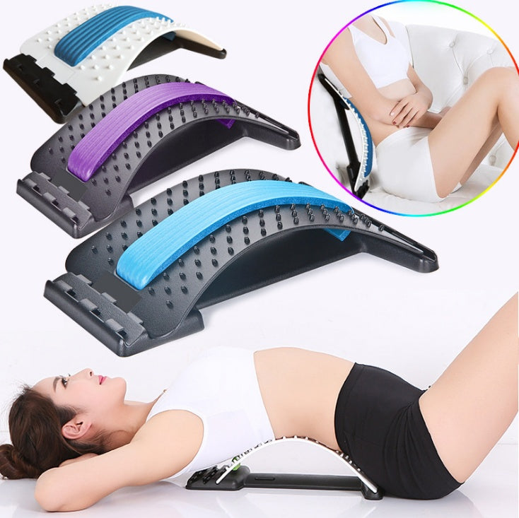 Lumbar Tractor Therapy device in black with blue, purple, and white massage strips for back pain relief and spinal support.