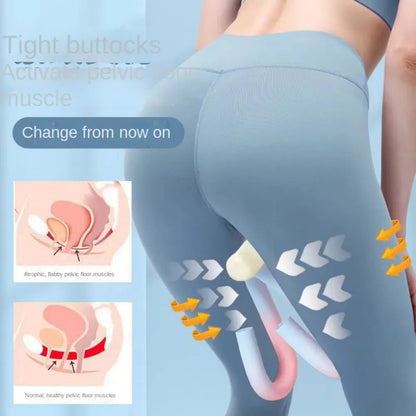 Pelvic floor muscle trainer in use for buttocks and hip activation. Thigh Master helps strengthen pelvic area with targeted resistance.