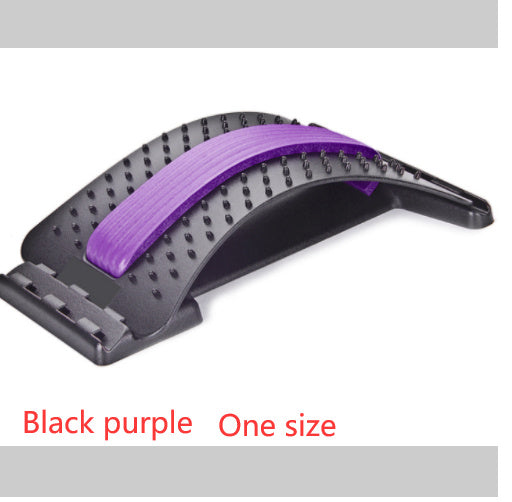 Lumbar Tractor Therapy back stretcher in black and purple with 10 magnetic points and 96 plastic pins for massage and spinal support.