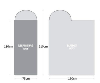 Size diagram of Camping Sleeping Bag - Light Waterproof showing dimensions in sleeping bag and blanket modes for versatile use.