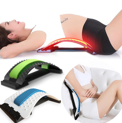Lumbar Tractor Therapy device with magnetic massage points used for back pain relief and spinal support, shown in multiple positions and colors.