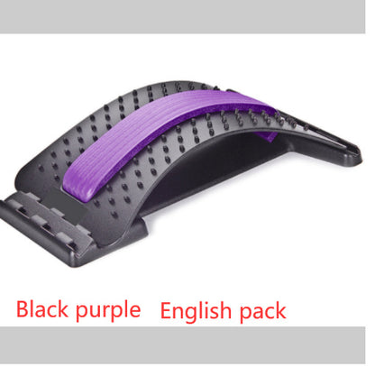 Lumbar Tractor Therapy - Back Pain Relief device in black with purple support, featuring magnetic points and plastic pins for massage and spine support.