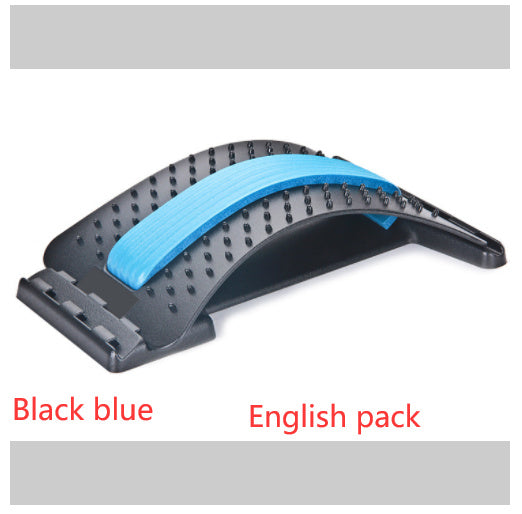 Lumbar Tractor Therapy - Back Pain Relief device in black with blue support strip, featuring magnetic points and plastic pins for massage & support.