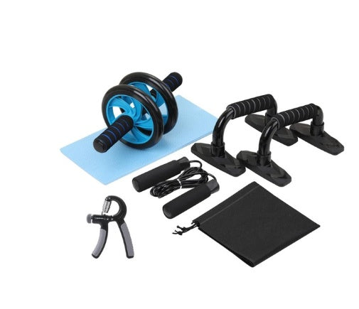 Complete Fitness Master Ab Roller Trainer gym kit with blue roller, push-up bars, jump rope, hand gripper, mat, and carry bag.