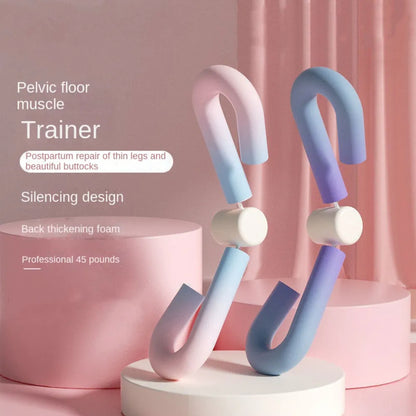 Two pastel-colored Thigh Master Trainers displayed on podiums. Features include thick foam and 45-pound resistance spring.
