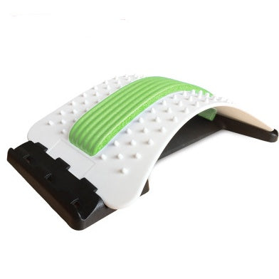 Lumbar Tractor Therapy back stretcher with green cushion, 10 magnetic points, and 96 plastic pins for back pain relief and spinal support.