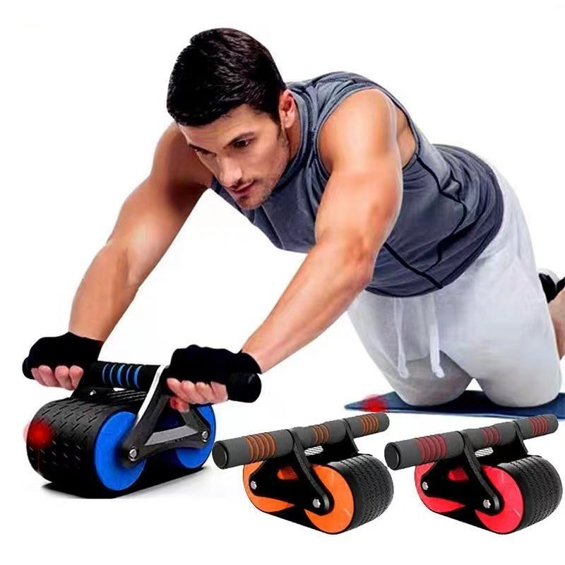 Man demonstrating core workout using Automatic Rebound Ab Wheel Roller Waist Trainer Gym, with three color variants shown below.