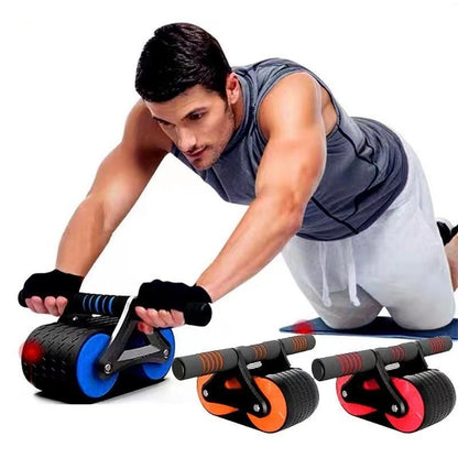 Man demonstrating core workout using Automatic Rebound Ab Wheel Roller Waist Trainer Gym, with three color variants shown below.