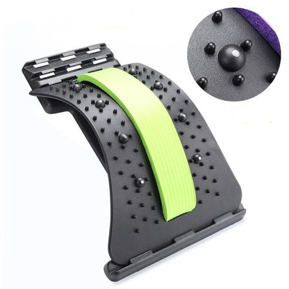 Lumbar Tractor Therapy back stretcher with green support strip, featuring 10 magnetic points and 96 massage pins for back pain relief and posture correction.