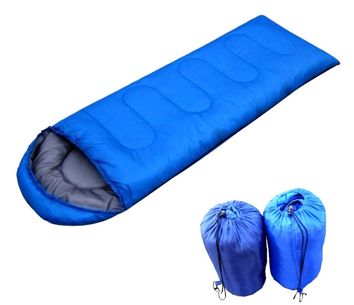 Camping Sleeping Bag - Light Waterproof in blue with cap and carry bags, made of polyester and hollow cotton for hiking comfort.