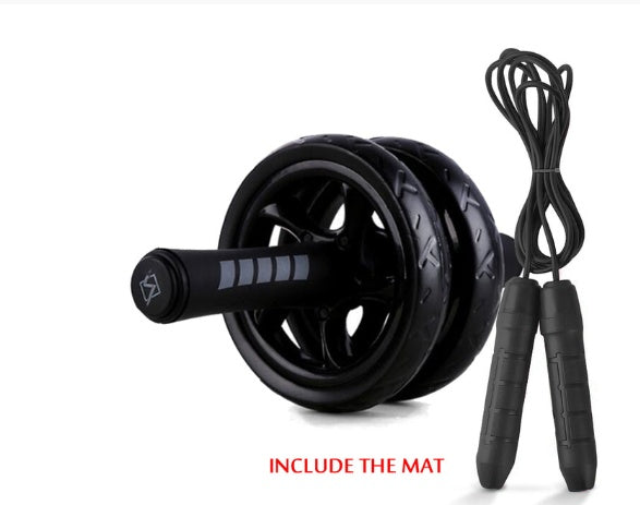 Black Fitness Master Ab Roller Trainer set with jump rope and mat included. Silent and durable gym kit for effective core training.