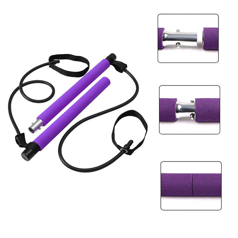 Close-up of purple Pilates bar with detachable resistance bands and adjustable straps for home trainer workout equipment.