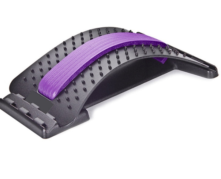 Lumbar Tractor Therapy back stretcher with purple support strip, featuring 10 magnetic points and 96 massage pins for back pain relief.
