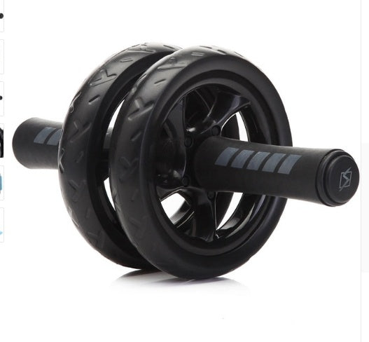 Close-up of Fitness Master Ab Roller Trainer with dual black wheels and textured handles. Ideal for quiet and stable ab workouts.