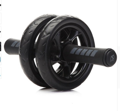 Close-up of Fitness Master Ab Roller Trainer with dual black wheels and textured handles. Ideal for quiet and stable ab workouts.