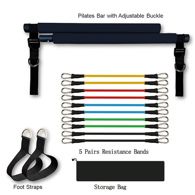 Black Pilates bar kit with 10 resistance bands, foot straps, and storage bag designed for home trainer workout equipment.