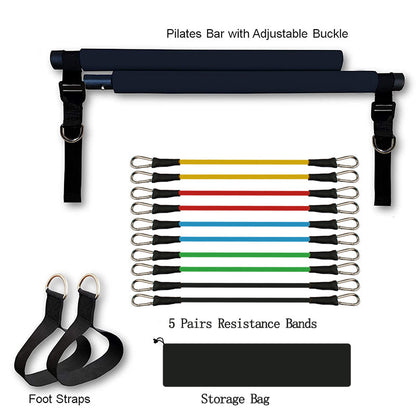 Black Pilates bar kit with 10 resistance bands, foot straps, and storage bag designed for home trainer workout equipment.
