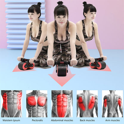 Woman using red Automatic Rebound Ab Wheel Roller Waist Trainer Gym with muscle groups targeted shown below for full-body training.