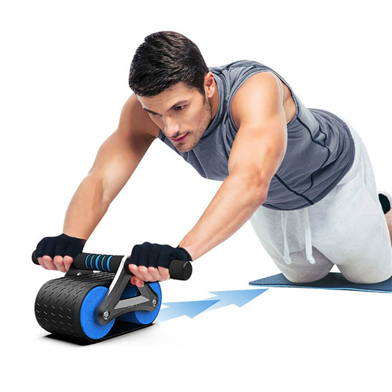 Man performing ab rollout with Automatic Rebound Ab Wheel Roller Waist Trainer Gym, highlighting rebound motion and ergonomic grip.