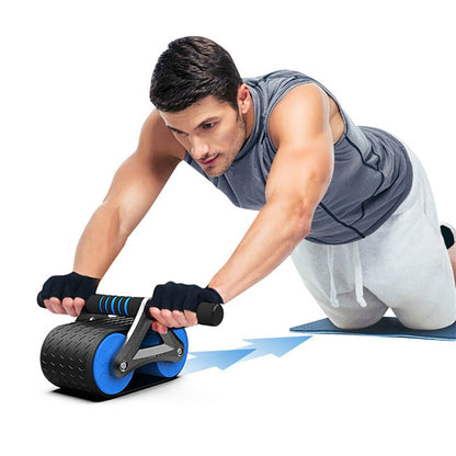 Man performing ab rollout with Automatic Rebound Ab Wheel Roller Waist Trainer Gym, highlighting rebound motion and ergonomic grip.