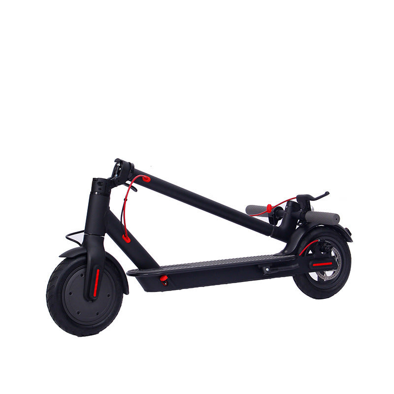 Folded black Foldable Electric Scooter with 8.5 inch wheels, showcasing its compact aluminum design for easy storage and portability.