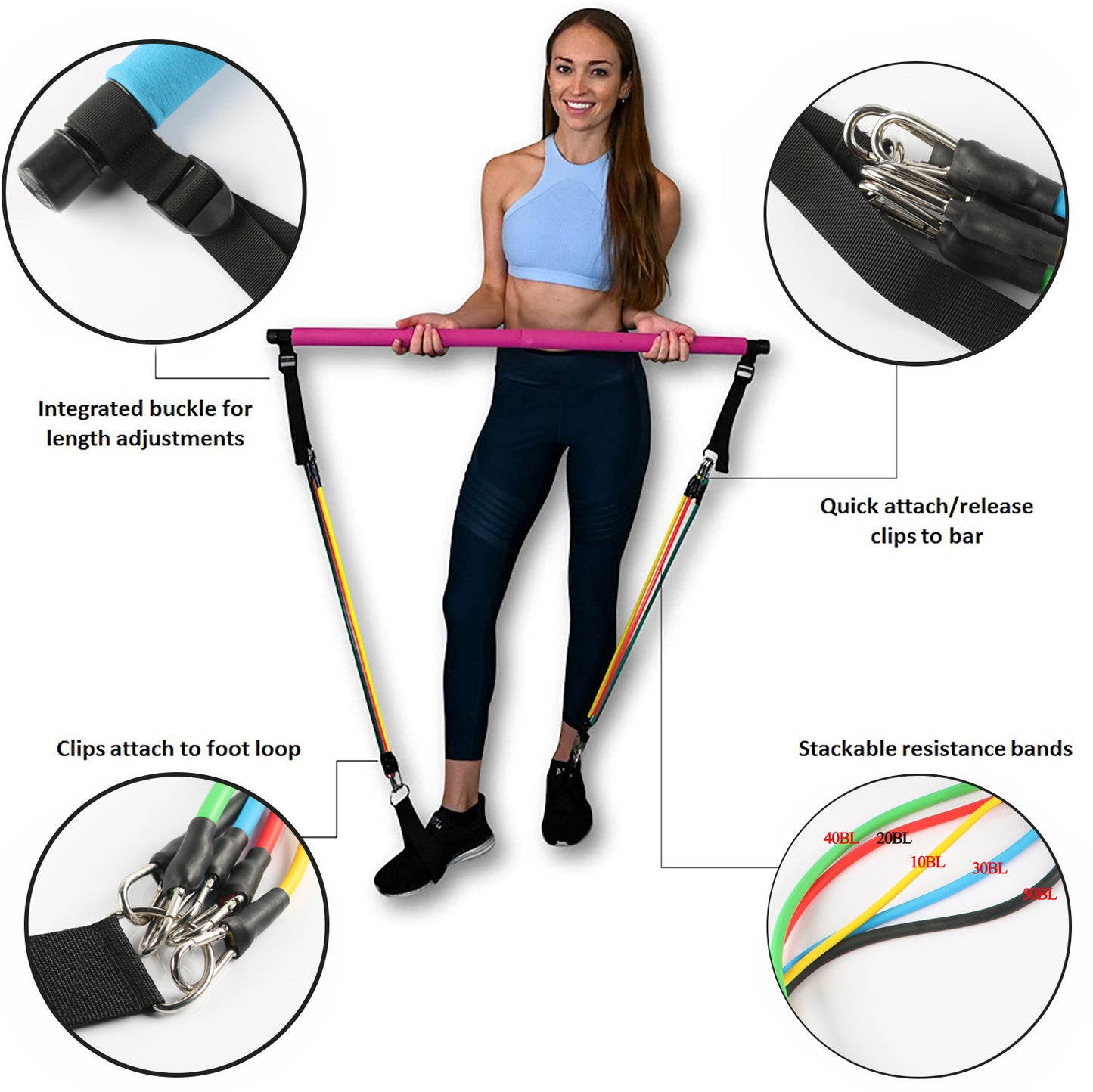 Female demonstrating resistance bands for home trainer workout equipment with pink Pilates bar, foot loops, and adjustable clips.