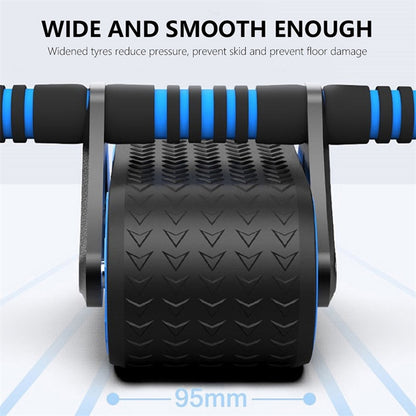 Front view of Automatic Rebound Ab Wheel Roller Waist Trainer Gym showing 95mm wide anti-slip wheels for smooth and stable movement.