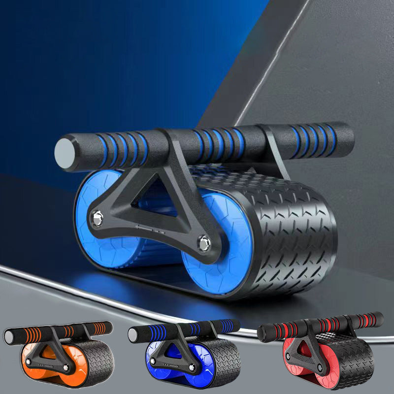 Close-up of Automatic Rebound Ab Wheel Roller Waist Trainer Gym in blue with textured wheels, shown with all three color options.