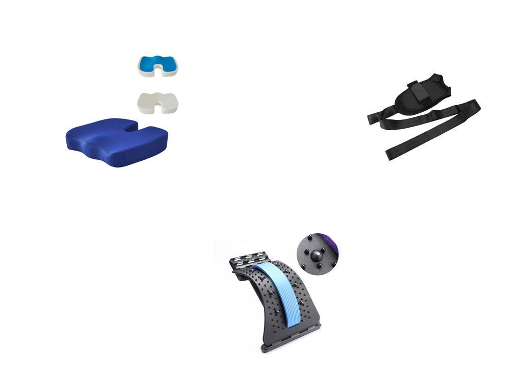 Lumbar Tractor Therapy - Back Pain Relief device with blue orthopedic cushion, magnetic massage stretcher, and adjustable waist belt for lumbar support.