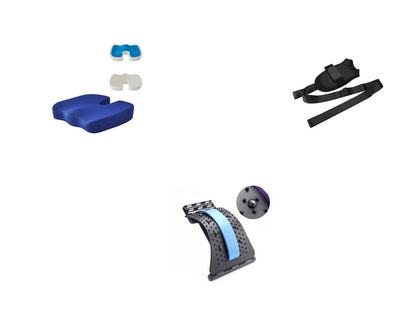 Lumbar Tractor Therapy - Back Pain Relief device with blue orthopedic cushion, magnetic massage stretcher, and adjustable waist belt for lumbar support.