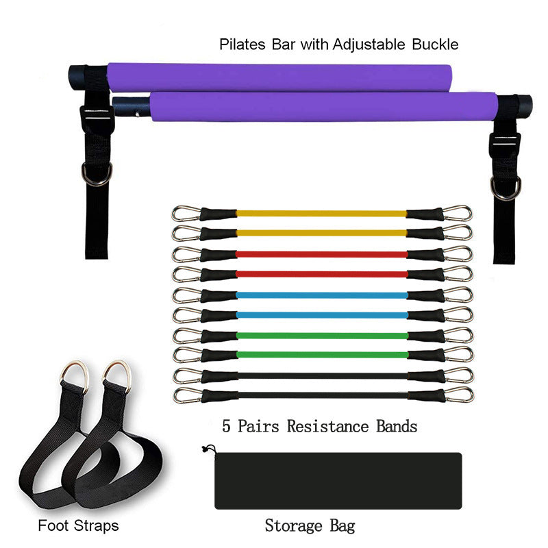 Purple Pilates bar set with stackable resistance bands, foot straps, and storage bag for home trainer workout equipment.