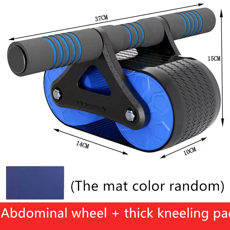 Blue Automatic Rebound Ab Wheel Roller Waist Trainer Gym with dimensions and included thick kneeling pad for comfort.