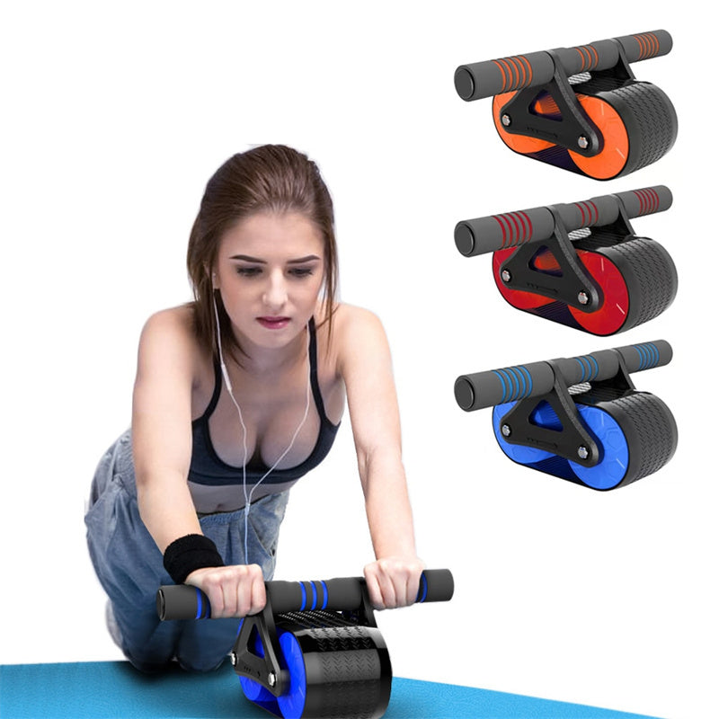 Woman using Automatic Rebound Ab Wheel Roller Waist Trainer Gym in blue, with product color options displayed on the side.