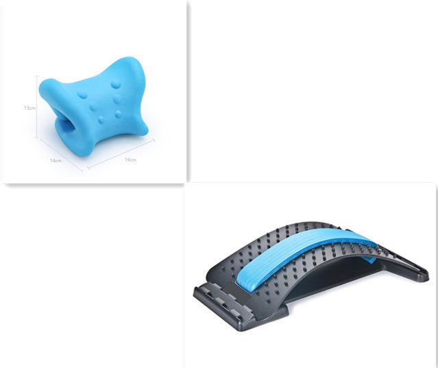 Blue lumbar tractor therapy device with ergonomic design for back pain relief, featuring acupressure points for massage and spinal support.