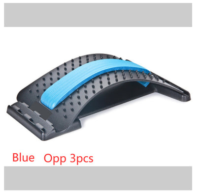 Lumbar Tractor Therapy back stretcher in black with blue support, featuring 10 magnetic points and 96 massage pins for back pain relief.